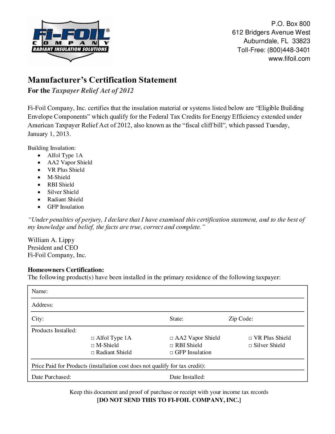 Manufacturer’s Certification of Tax Credit