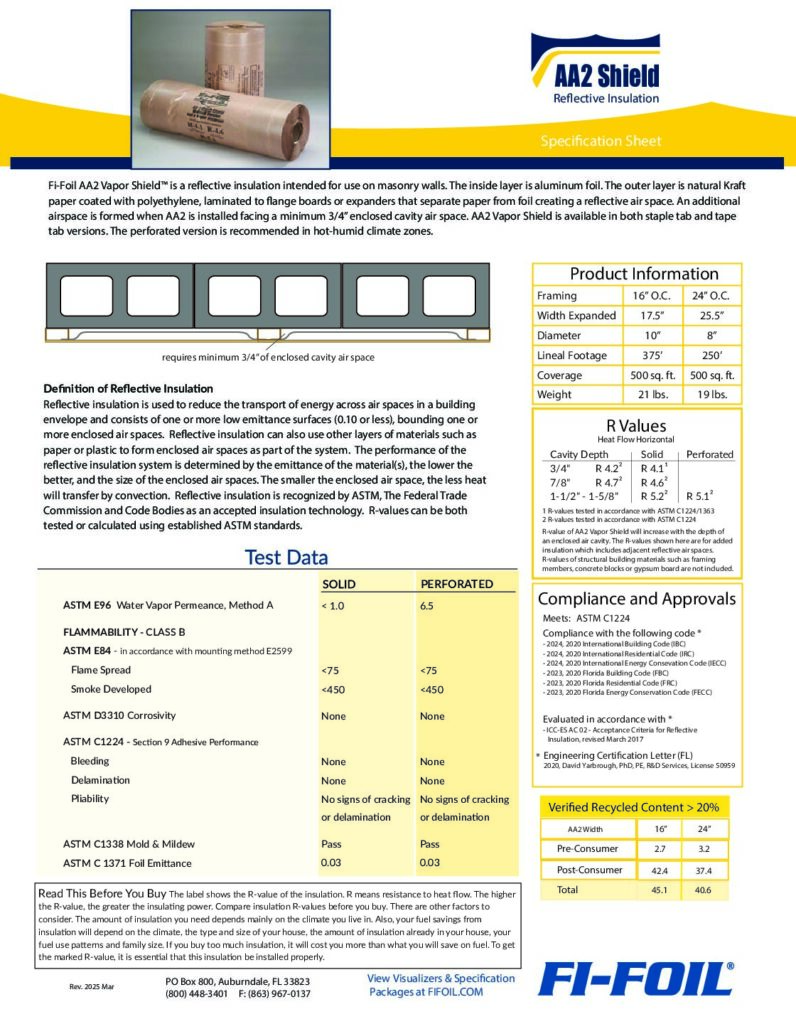 AA2 Vapor Shield™ Specification Sheet