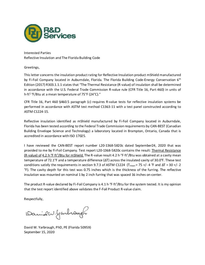 Engineering Certification Letter (FL) for M-Shield®