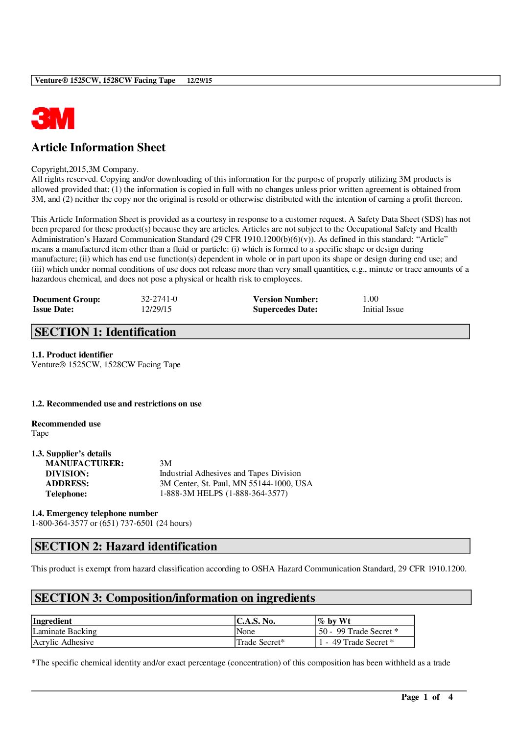3M™ Venture Facing Tape SDS