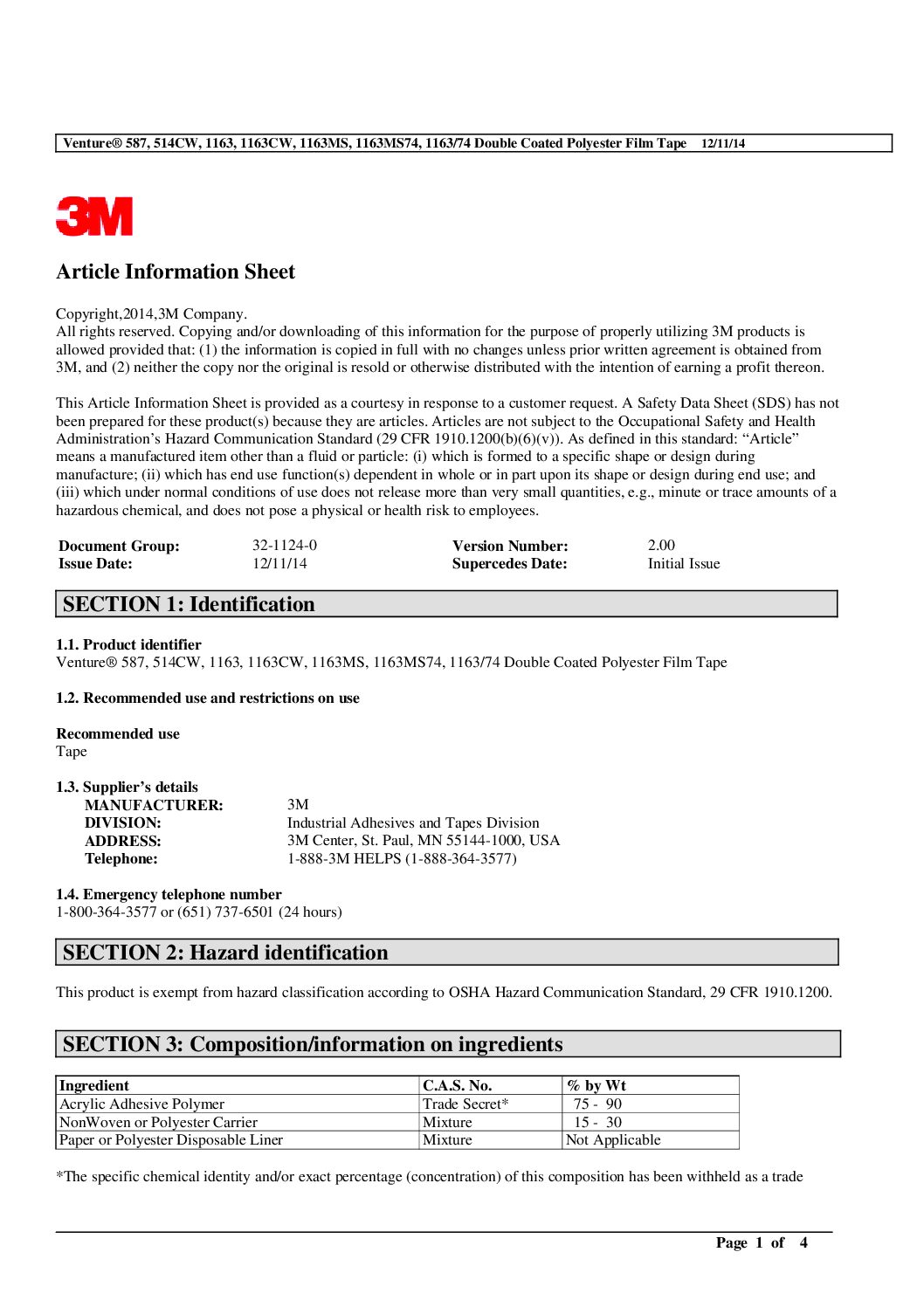 3M™ Venture DC PET Tape SDS