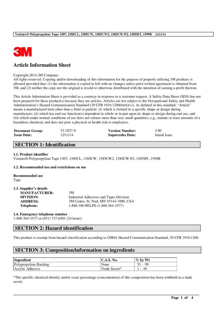 3M™ Venture Polypropylene Tape SDS
