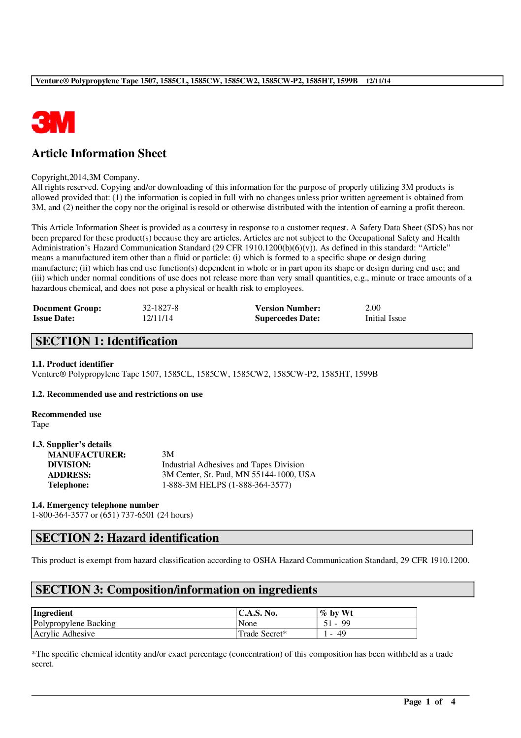 3M™ Venture Polypropylene Tape SDS