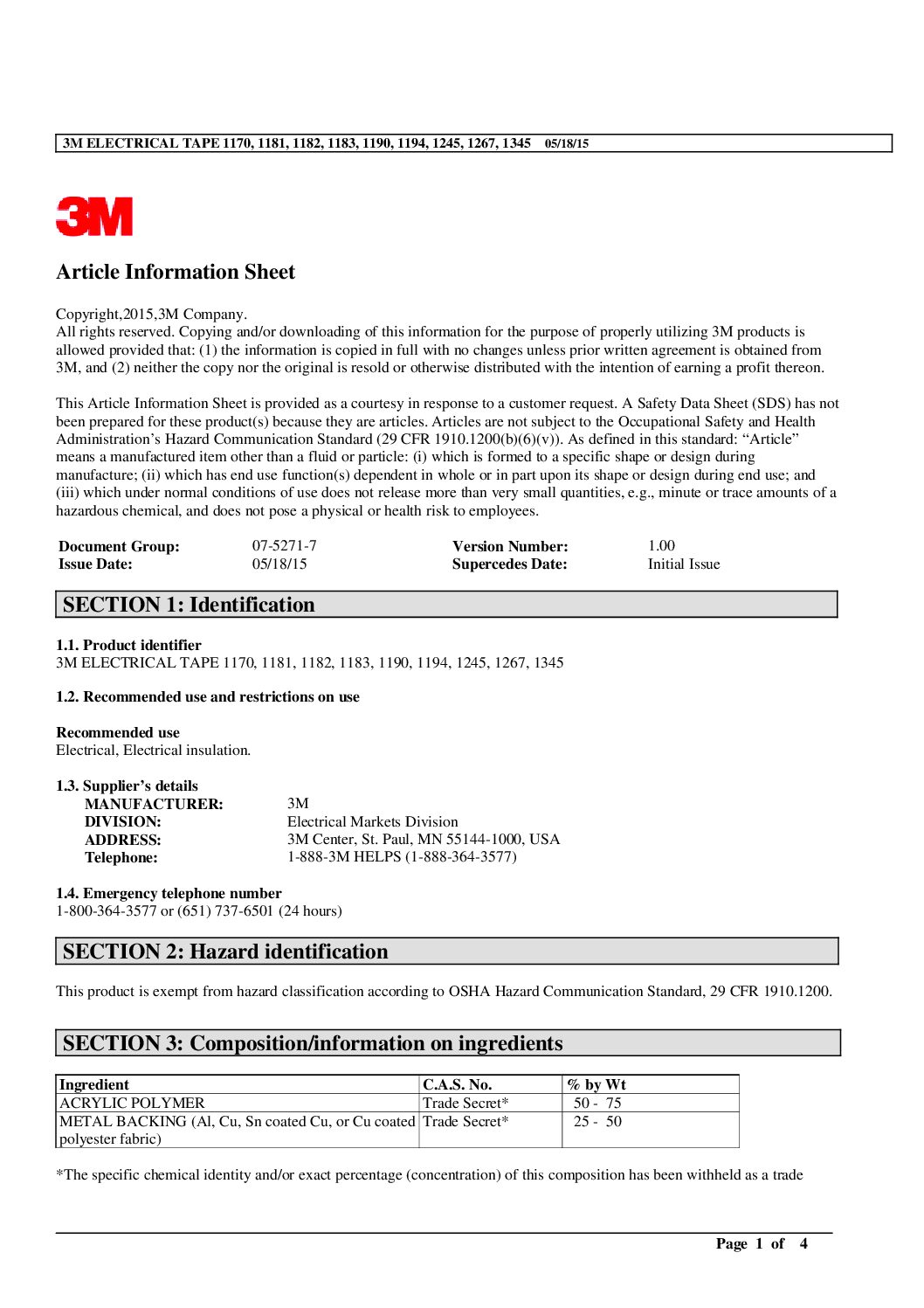 3M™ Electrical Tape SDS