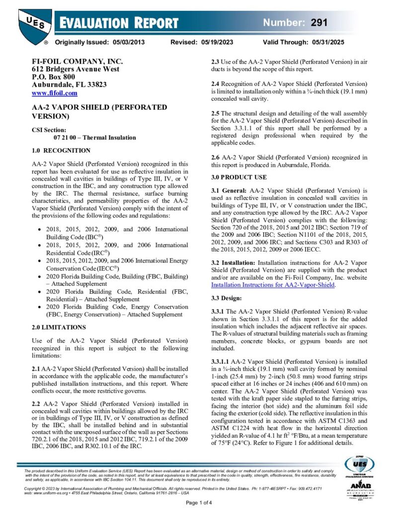 AA2 Vapor Shield™ IAPMO Evaluation Report 0291