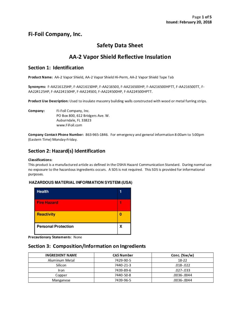 AA2 Vapor Shield™ Safety Data Sheet