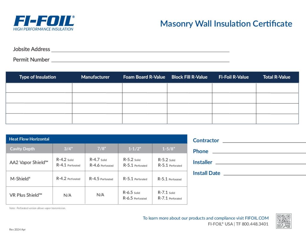 Masonry Wall Insulation Certificate
