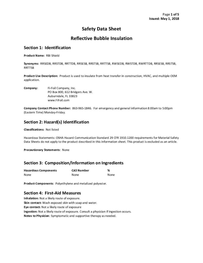 RBI Shield™ Safety Data Sheet - Garage Door Kit