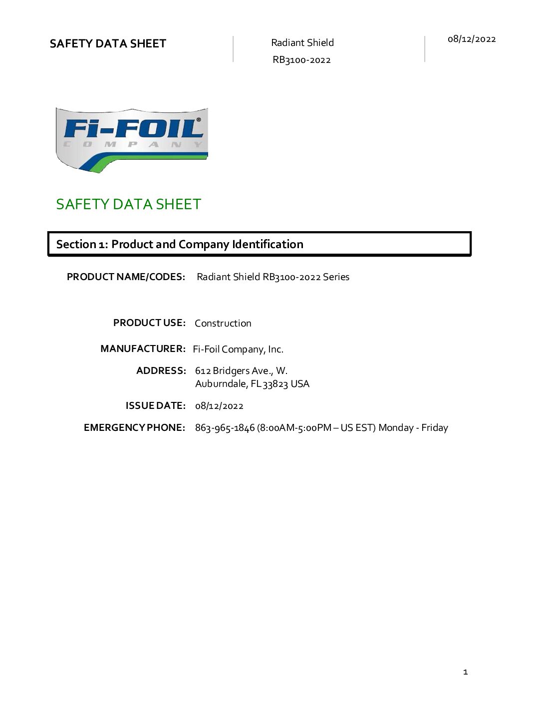 Radiant Shield Safety Data Sheet