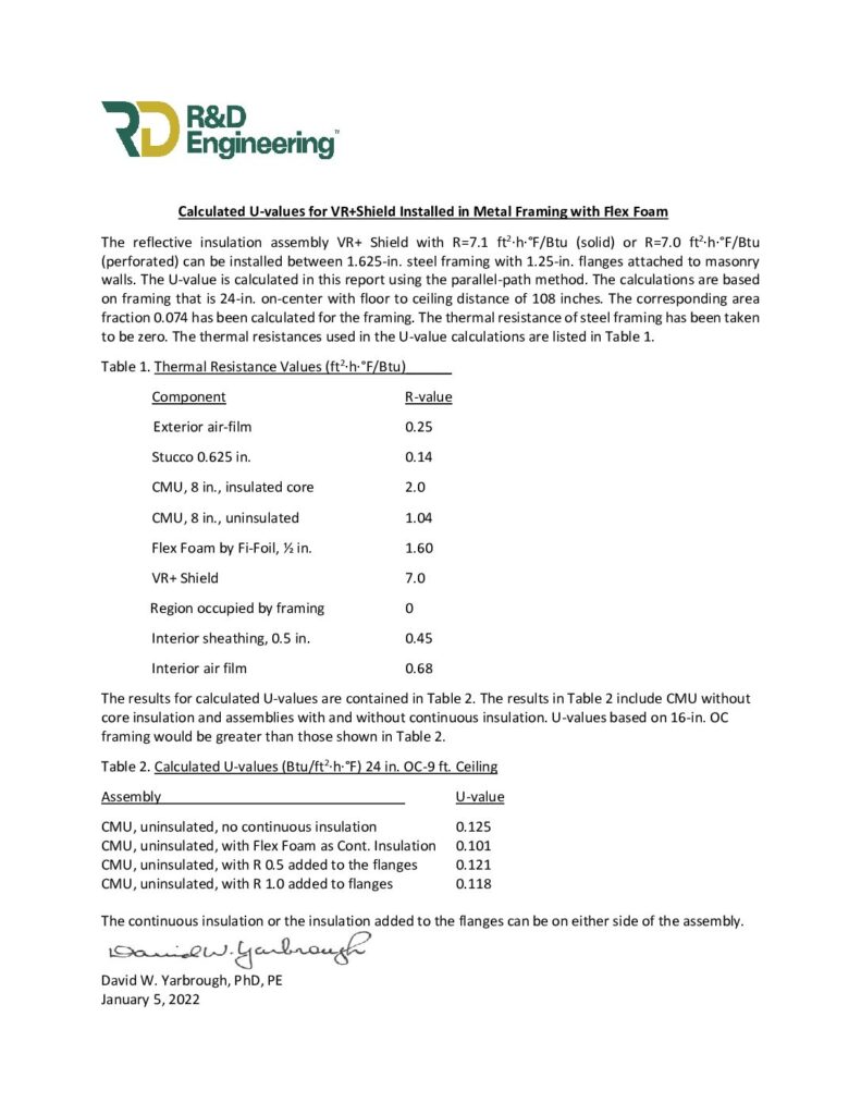 U-Value Calculation VR Plus Shield™ with Flex Foam Steel Framed Assembly Masonry Walls 1.6.25 Inch Framing 24 Inch On-Center