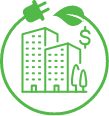 Building icon with dollar sign and a plug with a leaf to demonstrate environmental impact
