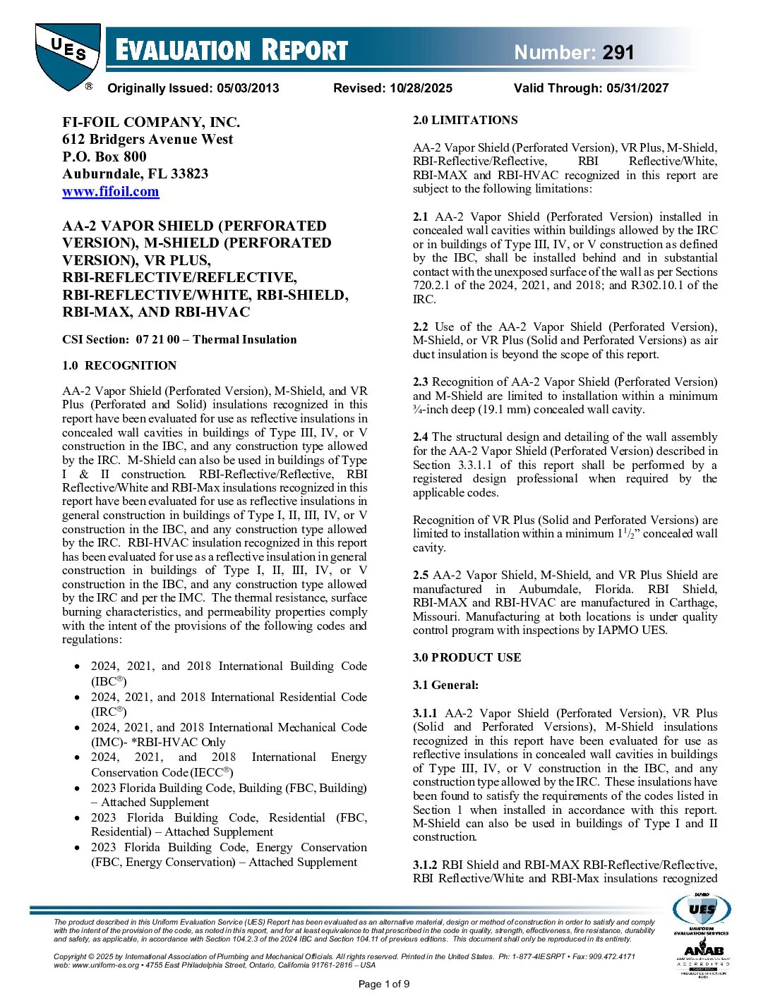 RBI-Shield-MB-IAPMO-ER-0291-valid-thru-May-31-2027 RBI Shield™ IAPMO Evaluation Report 291
