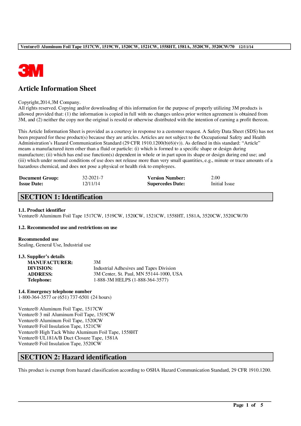Safety-Data-Sheet-3M-Venture-Aluminum-Foil-Tape 3M™ Venture Aluminum Foil Tape SDS